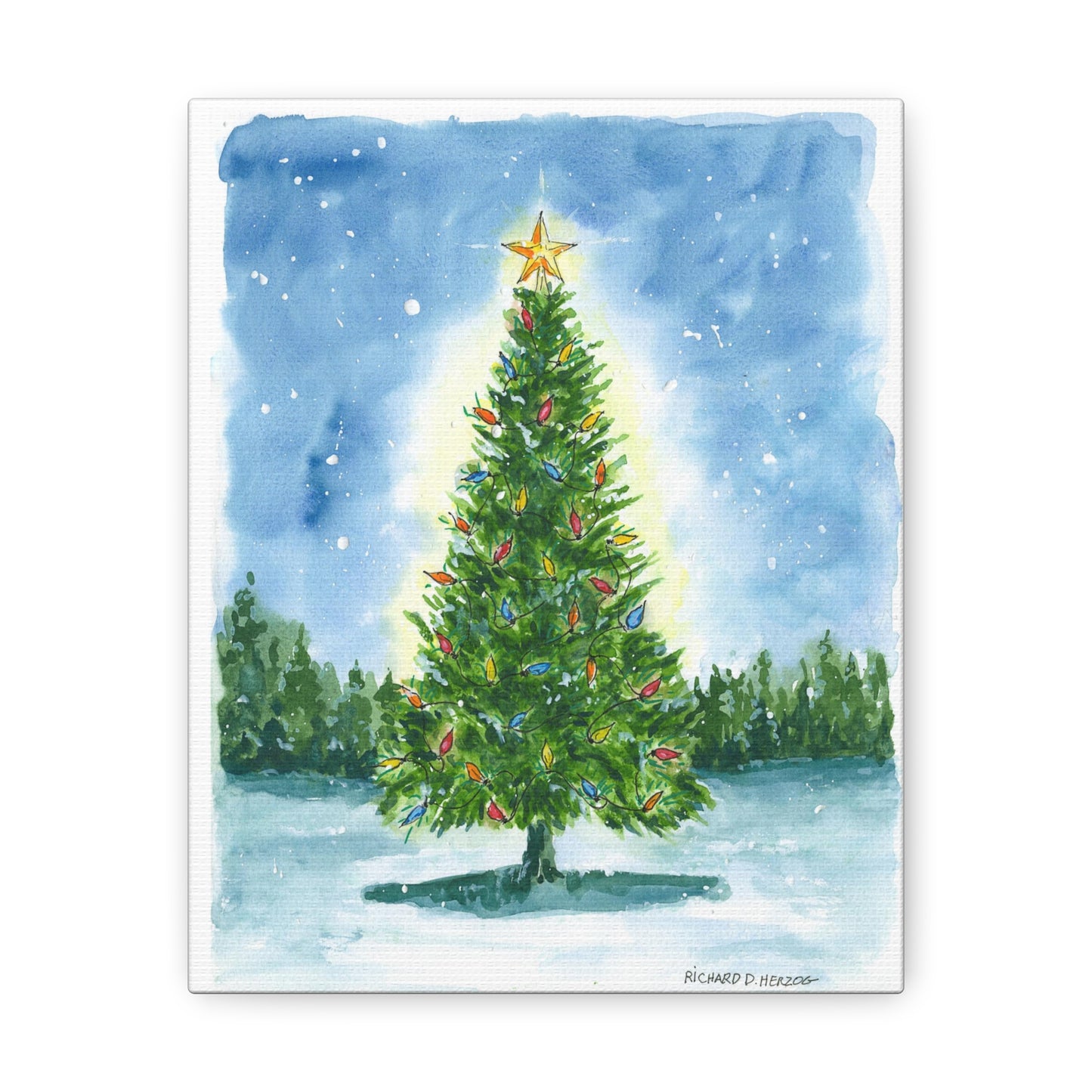 Water Color Christmas Tree With Star Canvas Print