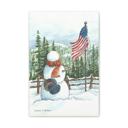 Winter Patriotic Snowman Canvas Print
