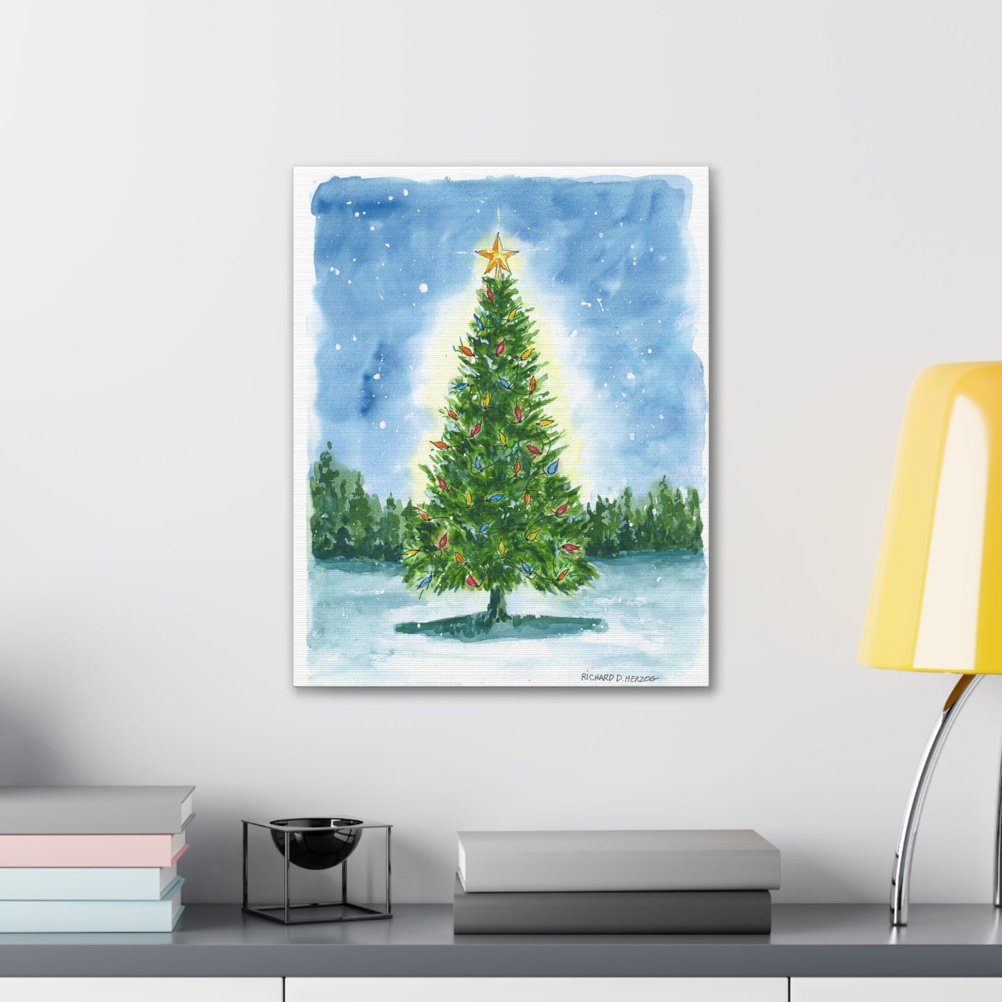 Water Color Christmas Tree With Star Canvas Print