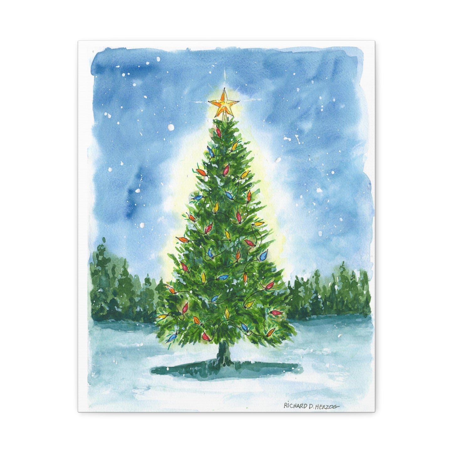 Water Color Christmas Tree With Star Canvas Print