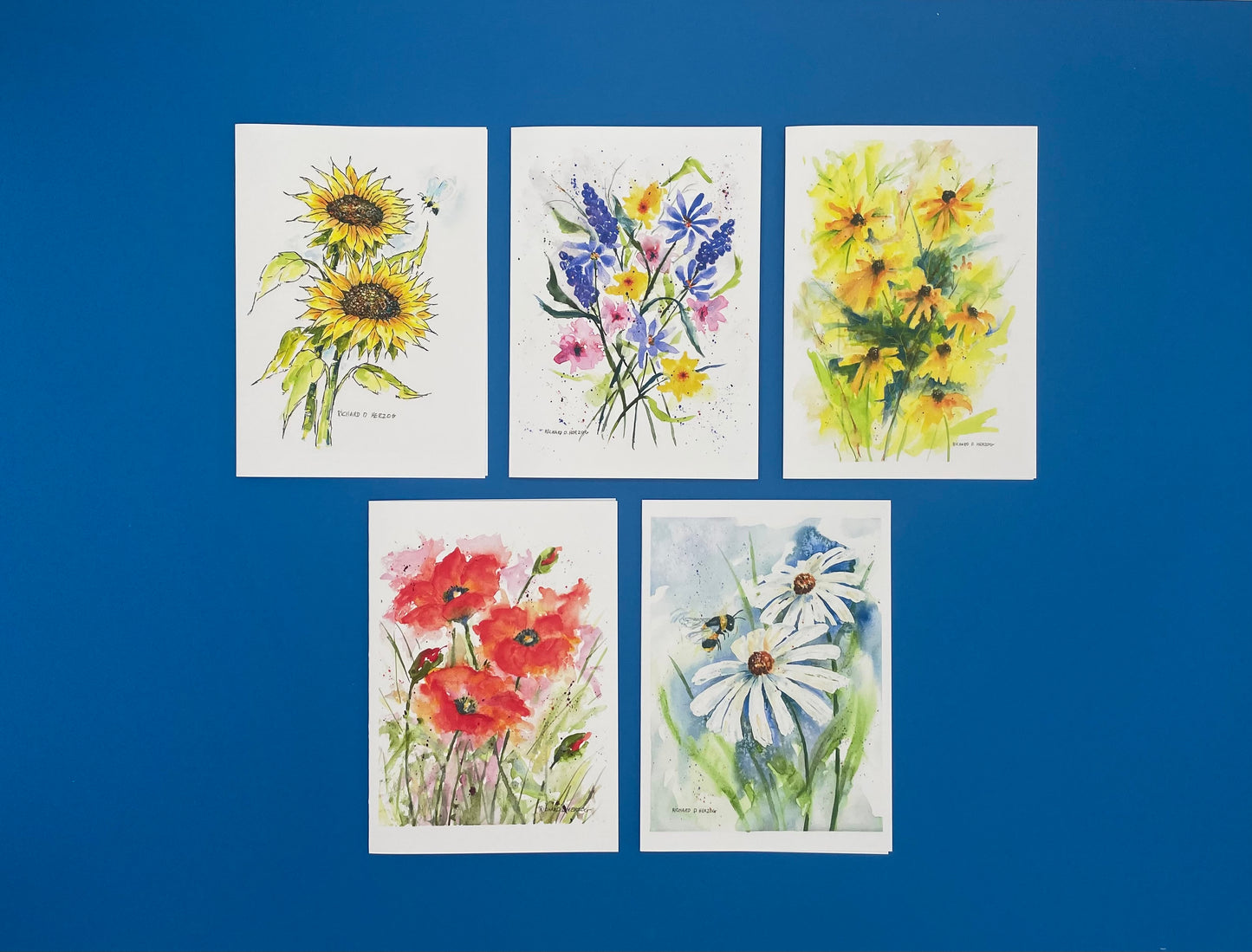 Flower (Style 1) Card Set of 5 Cards - Includes Sunflowers, Wild Flower Bouquet, Yellow Daisies, Poppies, & Daisies with Bee
