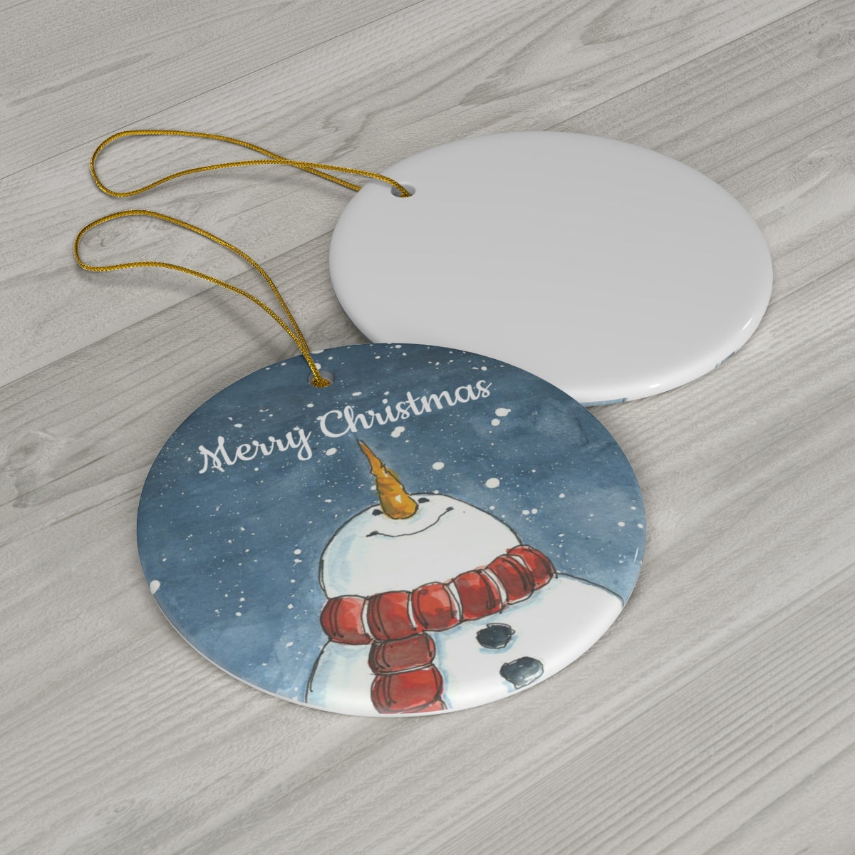 Snowman Looking Up, Circle Ceramic Ornament