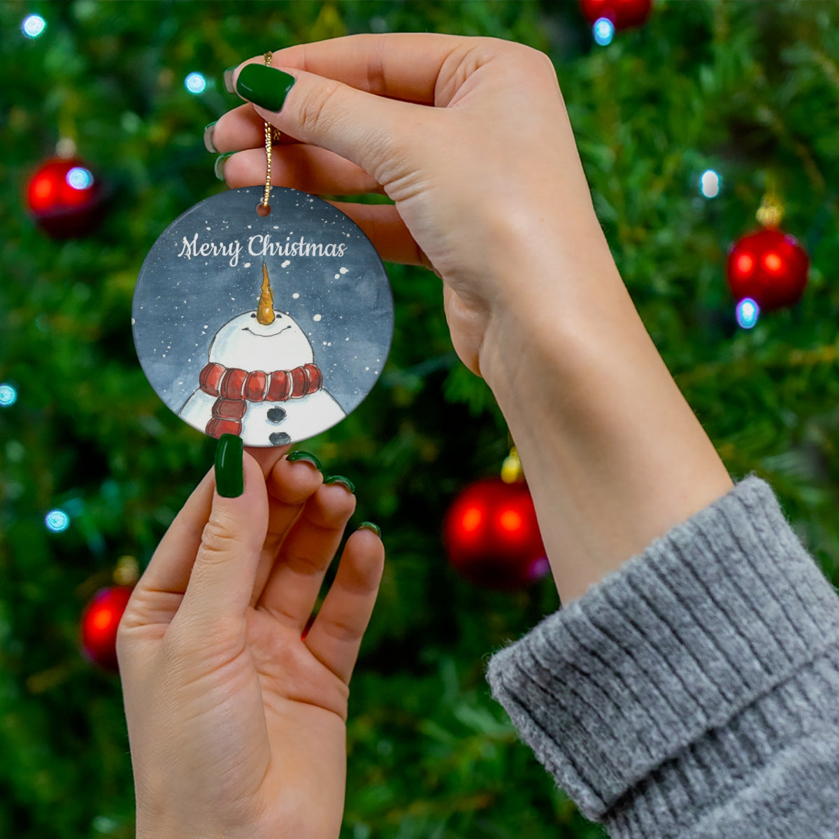 Snowman Looking Up, Circle Ceramic Ornament