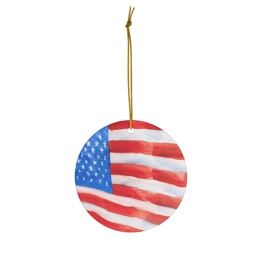 Painted American Flag Circle Ceramic Ornament