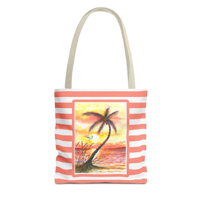 Tropical Sunset Palm Tote Bag — Striped Beach Canvas Shopper