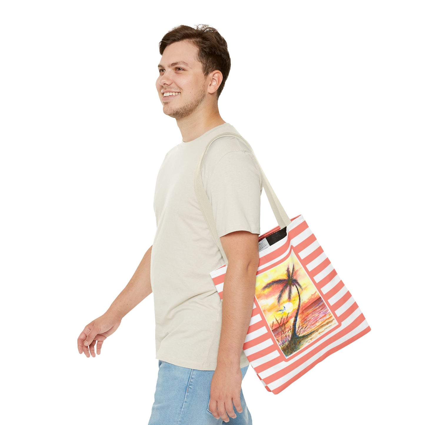 Tropical Sunset Palm Tote Bag — Striped Beach Canvas Shopper