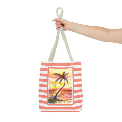 Tropical Sunset Palm Tote Bag — Striped Beach Canvas Shopper