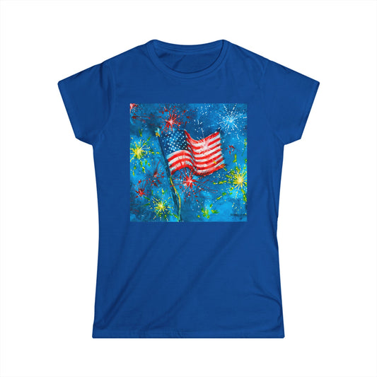 Women’s Tee — American Flag Fireworks Patriotic Graphic