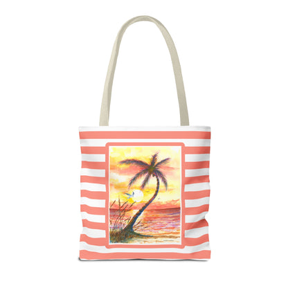 Tropical Sunset Palm Tote Bag — Striped Beach Canvas Shopper