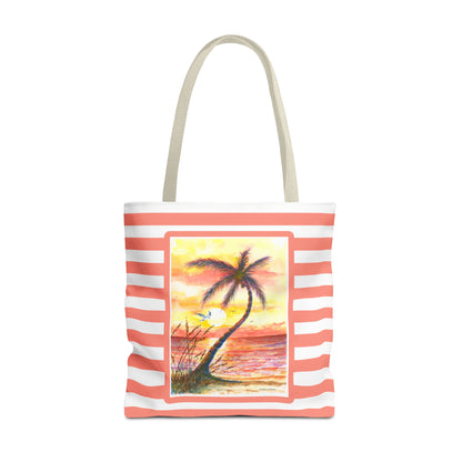 Tropical Sunset Palm Tote Bag — Striped Beach Canvas Shopper
