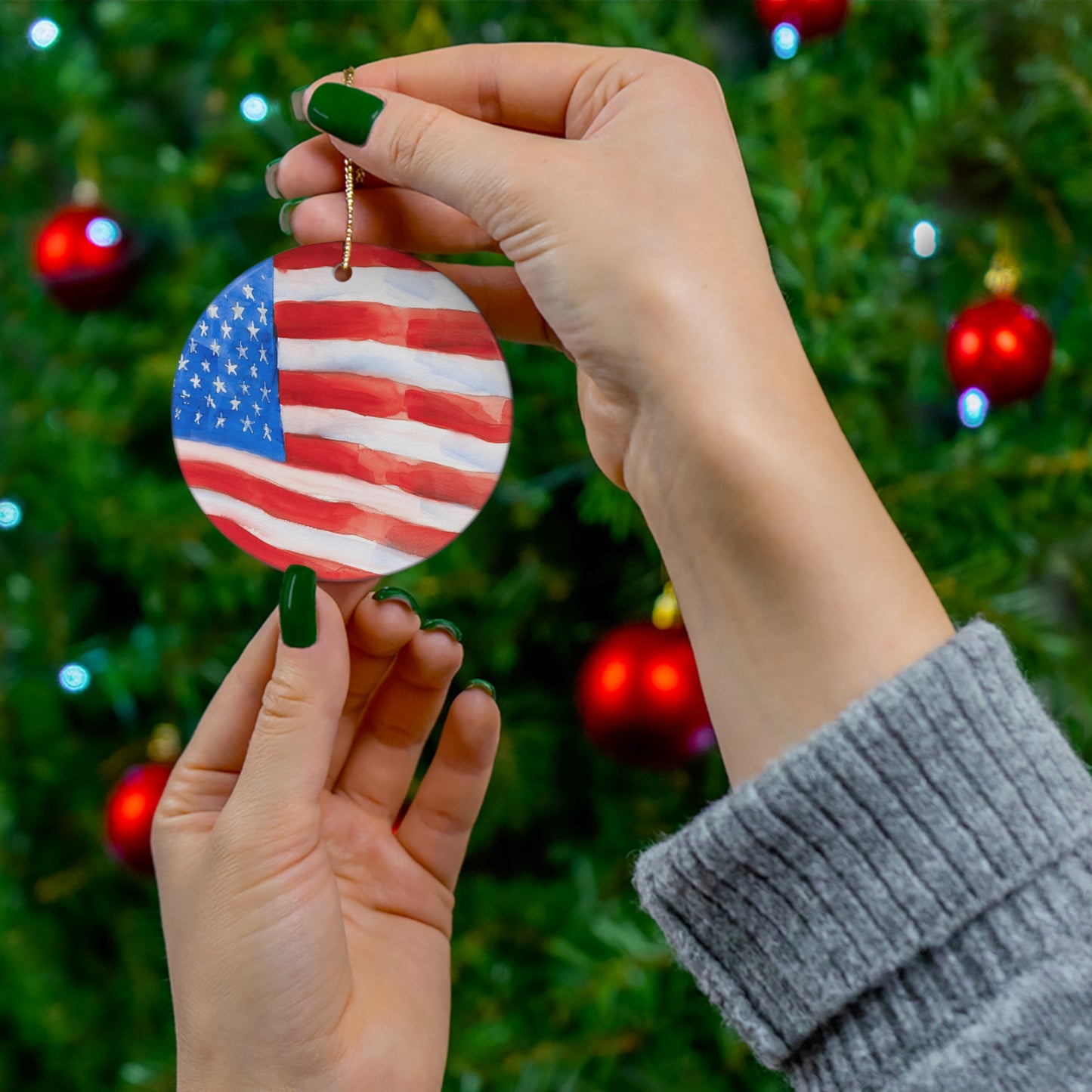 Painted American Flag Circle Ceramic Ornament