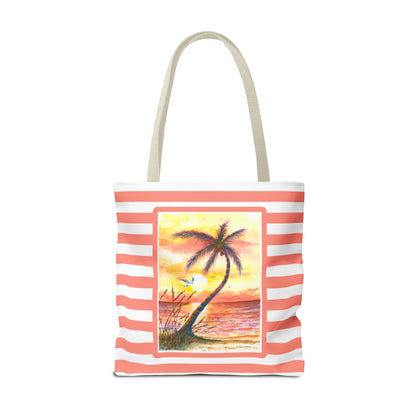 Tropical Sunset Palm Tote Bag — Striped Beach Canvas Shopper