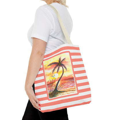 Tropical Sunset Palm Tote Bag — Striped Beach Canvas Shopper