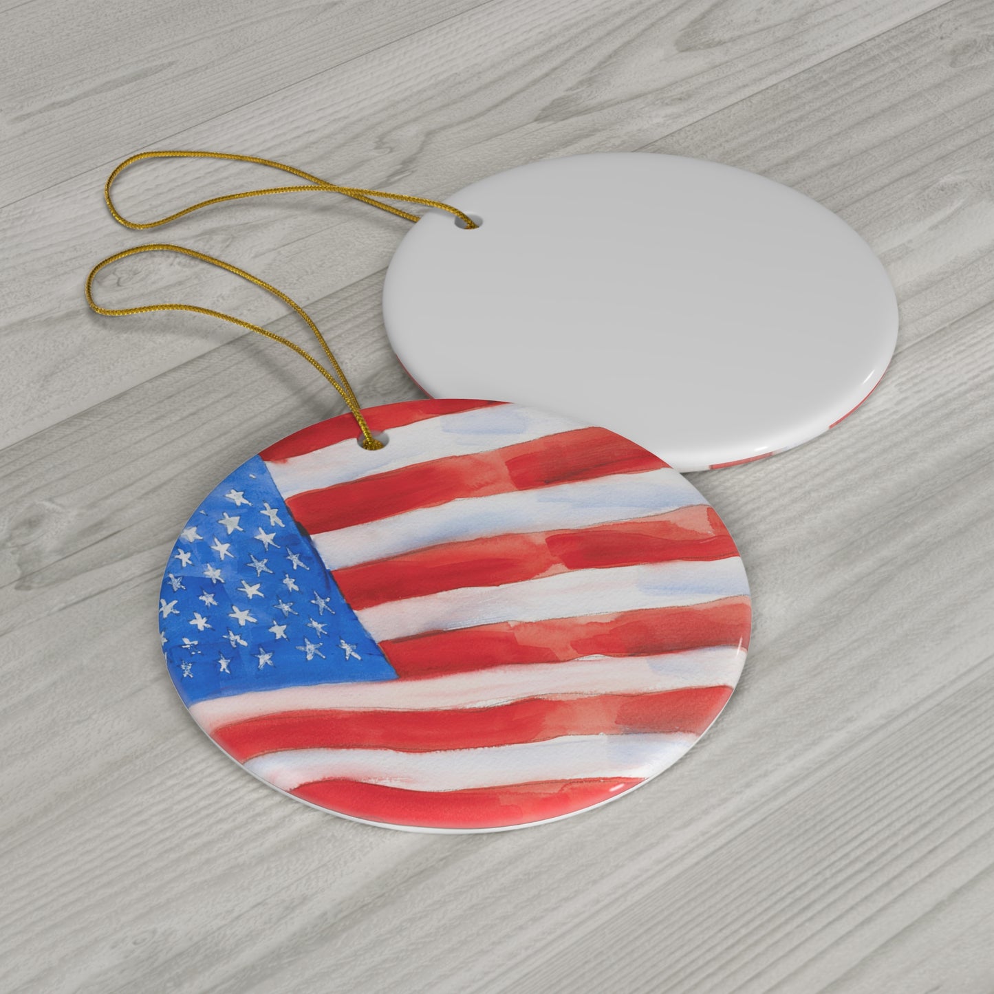 Painted American Flag Circle Ceramic Ornament