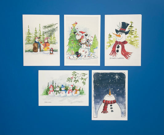 Snowmen Card Set of 5 Cards - Includes Snowman Couple with Penguin, Santa and Snowman, Top Hat Snowman, Five Snowmen, & Snowman Gazing Upon Star