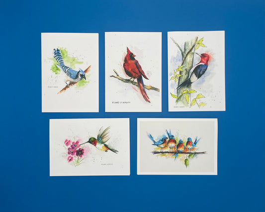 Birds (Style 2) Card Set of 5 Cards - Includes Blue Jay, Cardinal, Redheaded Woodpecker, Hummingbird, & Four Blue Birds