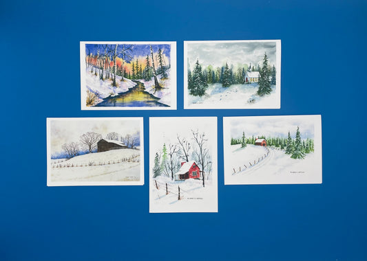Snowy Winter Card Set of 5 Cards - Includes Winter Wonderland, Sunday Best (Winter Church), Bank Barn, Cabin In The Woods, Red Barn