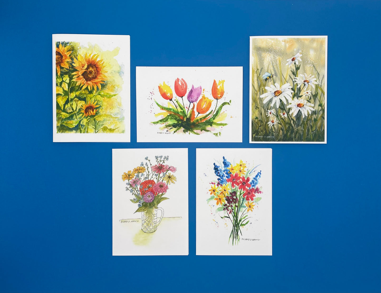 Flower (Style 2) Card Set of 5 Cards - Includes Sunflowers, Tulips, Daisies, Zinnias, Wildflower Bouquet