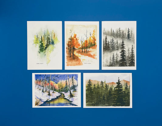 Forest Trees Card Set of 5 Cards - Includes Evergreens, Autumn Trees, Foggy Trees, Winter Wonderland,  More Trees