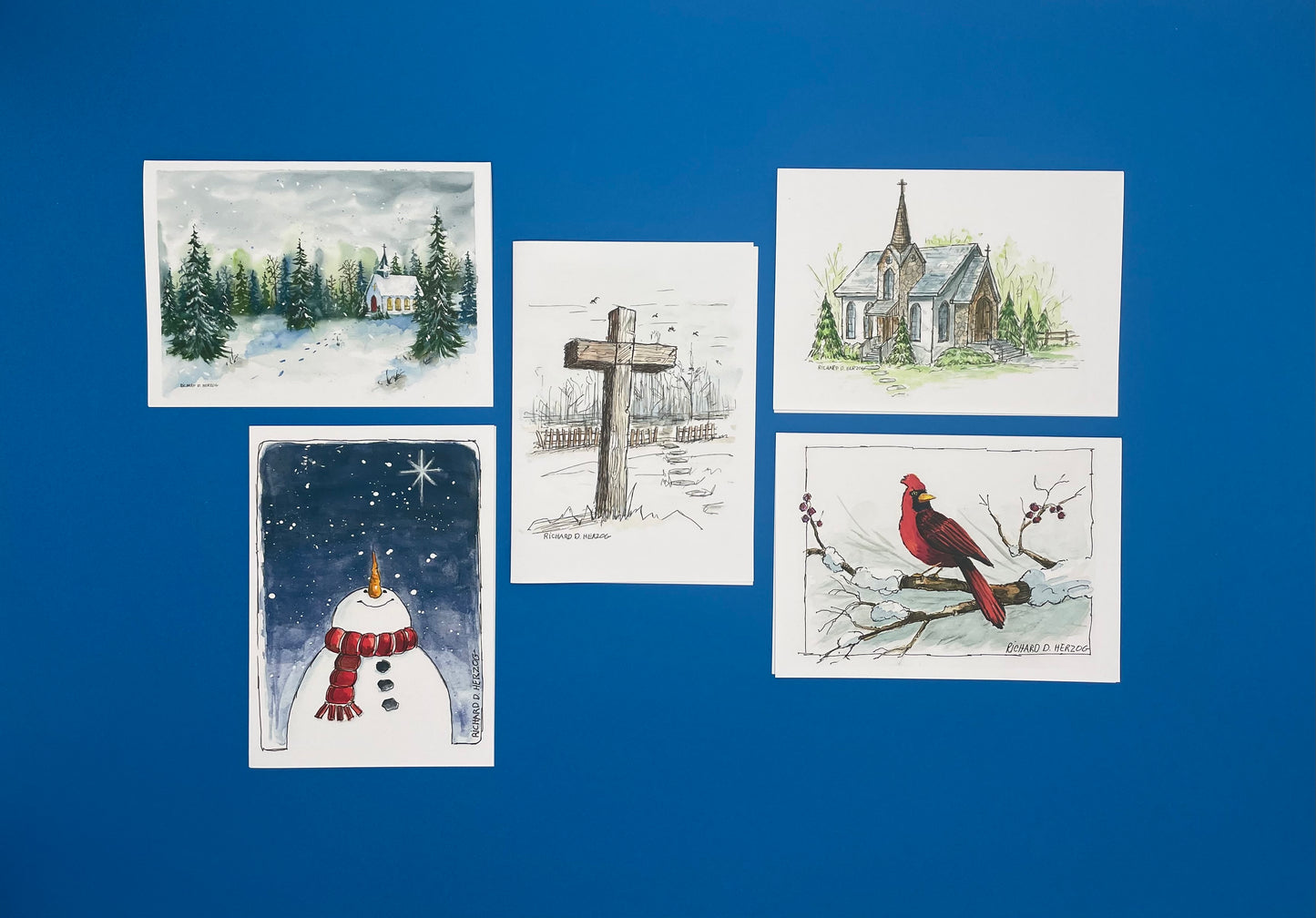 Faithful Winter (Style 1) Card Set of 5 Cards - Includes Sunday Best (Winter Church), Cross, Church, Snowman Gazing Upon Star, & Cardinal