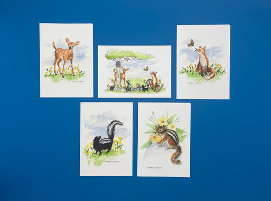 Woodland Animals Card Set of 5 Cards - Includes Deer, Animals, Fox, Skunk, & Chipmunk