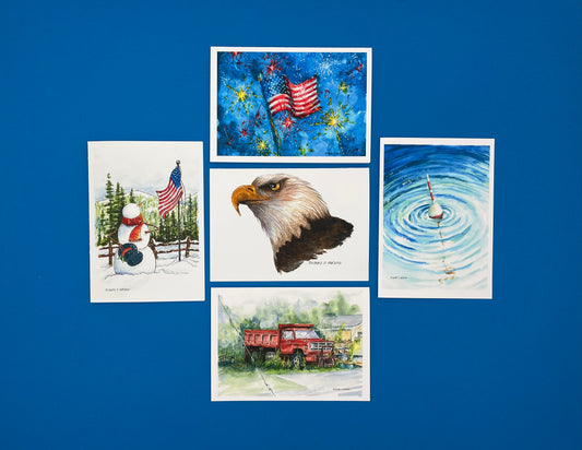 American Card Set of 5 Cards - Includes Fireworks, Patriotic Snowman, Bald Eagle, Fishing Bobber, & Out Of Service Dump Truck