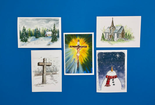 Faithful Winter (Style 2) Card Set of 5 Cards - Includes Sunday Best (Winter Church), For Our Sins, Church, Cross & Snowman Gazing Upon Star