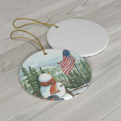 Patriotic Snowman, Circle Ceramic Ornament